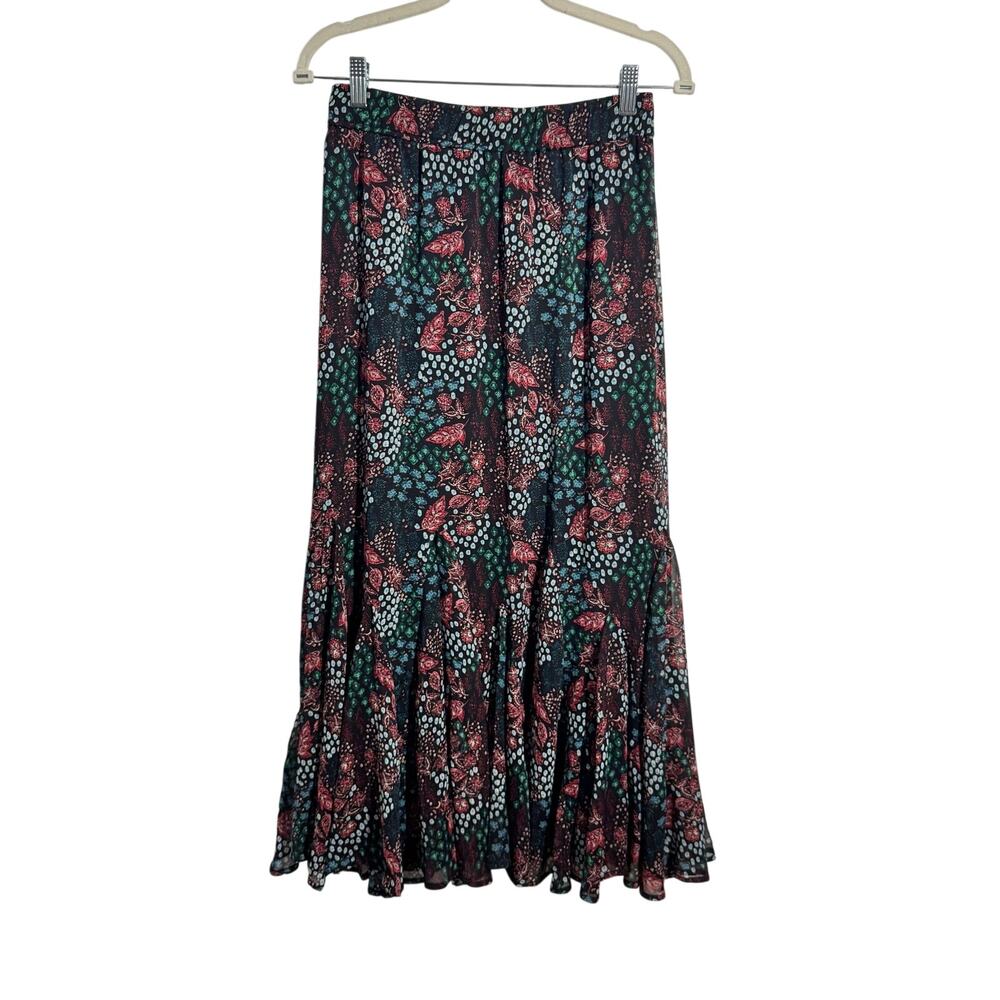 Ann Taylor LOFT Whimsical Y2K Midi Maxi Skirt Women XS Black Floral Boho Western